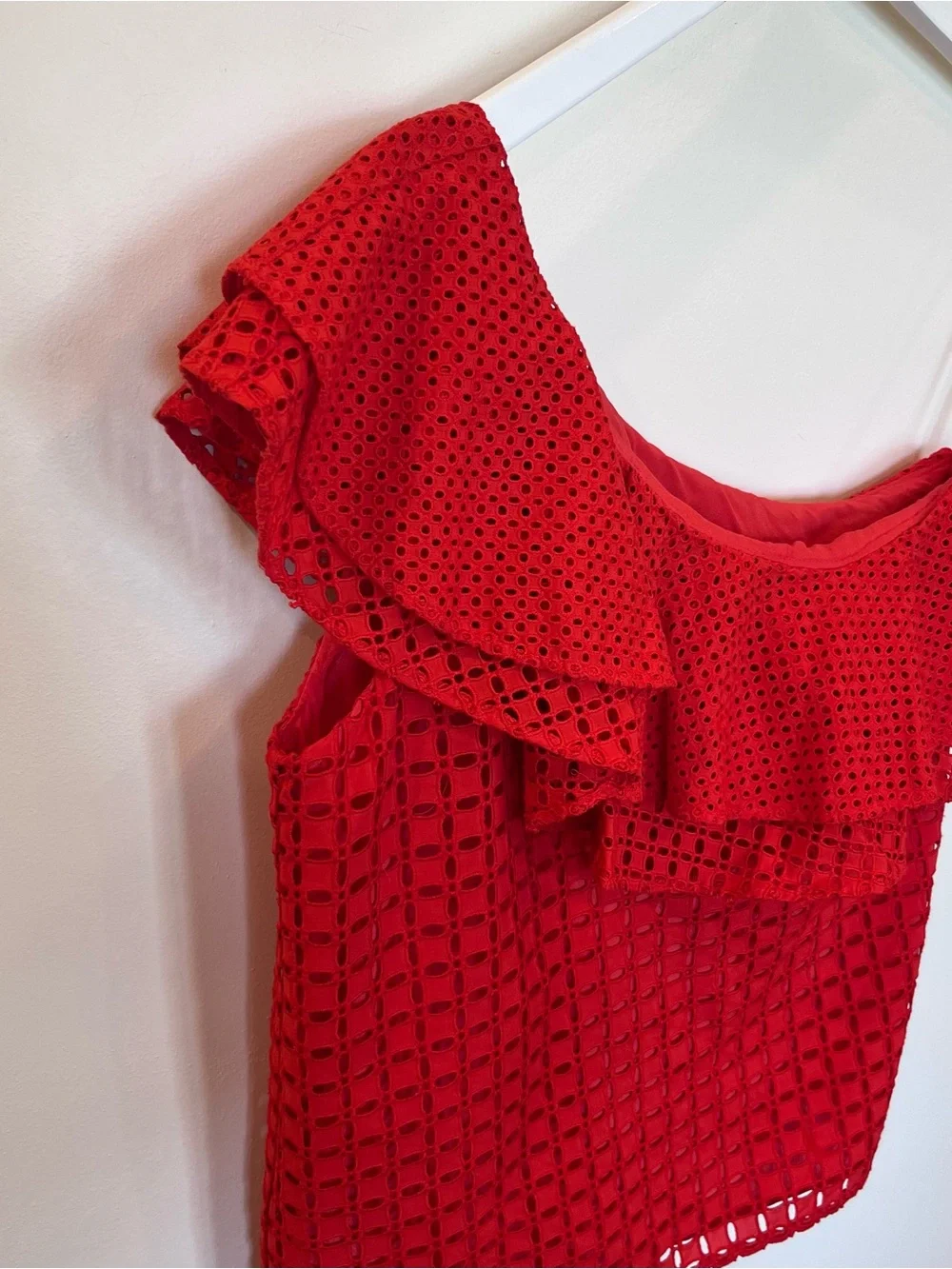J Crew Fiery Red Sunset One Shoulder Ruffle Top In Eyelet G3395 Women’s 2
